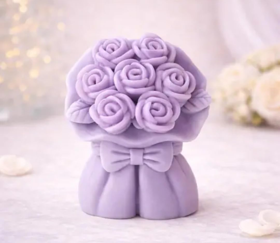Decorative Rose Bouquet Figurine Candle, Peach and Sage Green, Floral Arrangement Design
