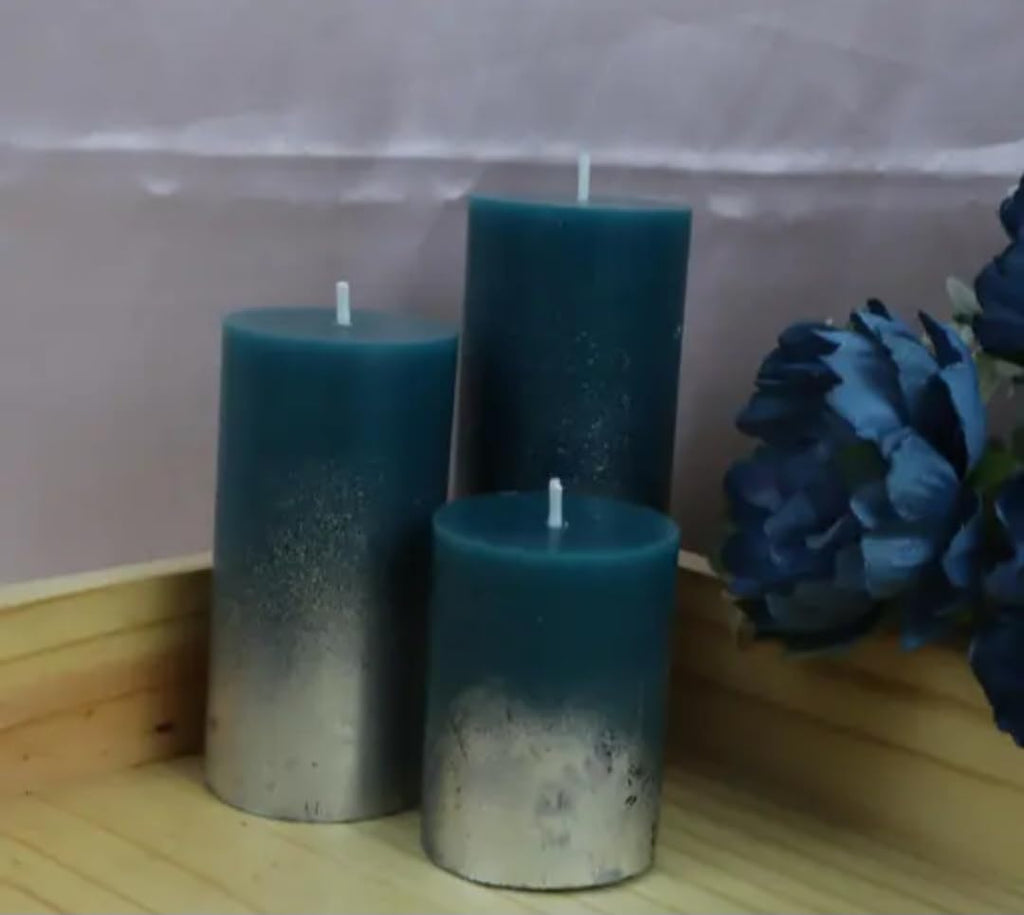 Decorative Pillar Candles Set of 3, Teal to Silver Ombre, Gradient Design, Gift idea, Decorative Candle