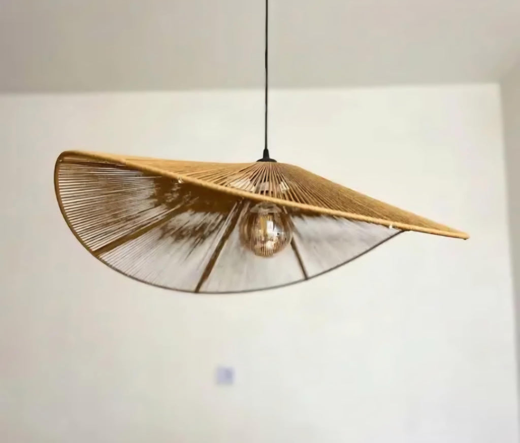 Bamboo Pendant Light, Natural, Handwoven Rattan Shade, Asian Hat Design, Hanging Ceiling Fixture
