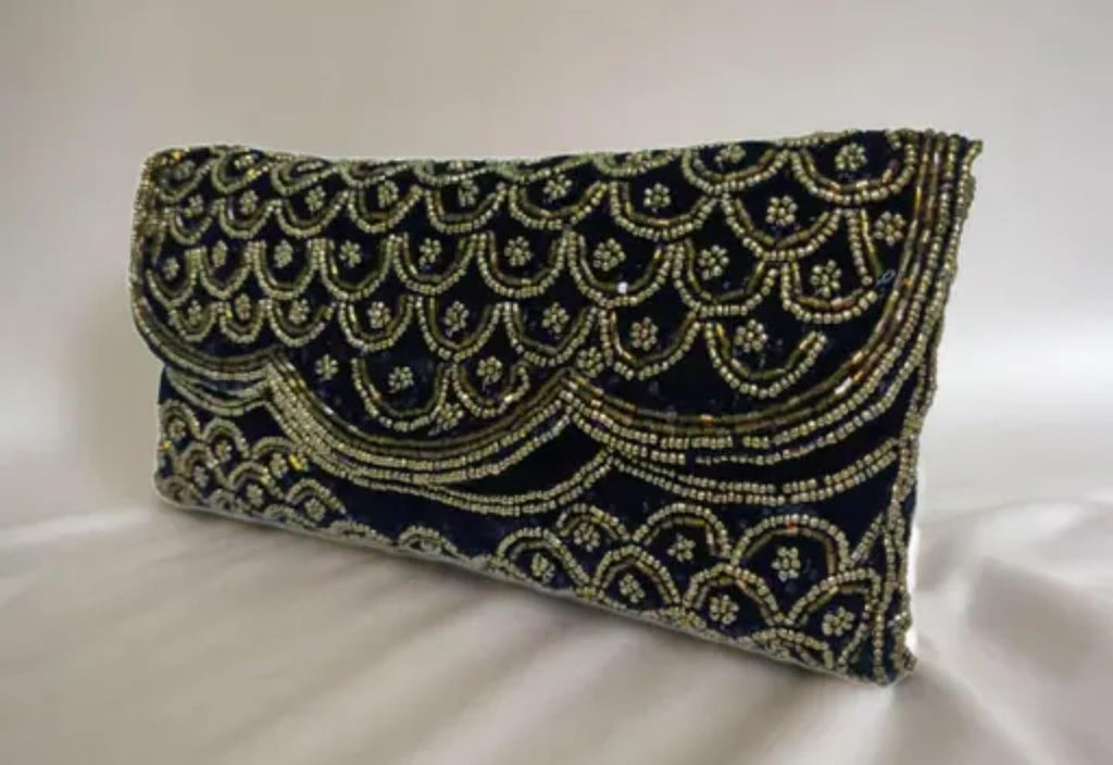 Vintage Beaded Evening Clutch, Navy Blue Velvet with Silver Scalloped Pattern, Chain Strap, eco-friendly bag