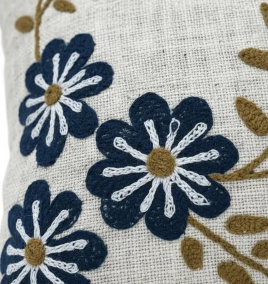 Embroidered Throw Pillow Cover, Floral Design, Navy Blue and Olive Green, Natural Linen Texture