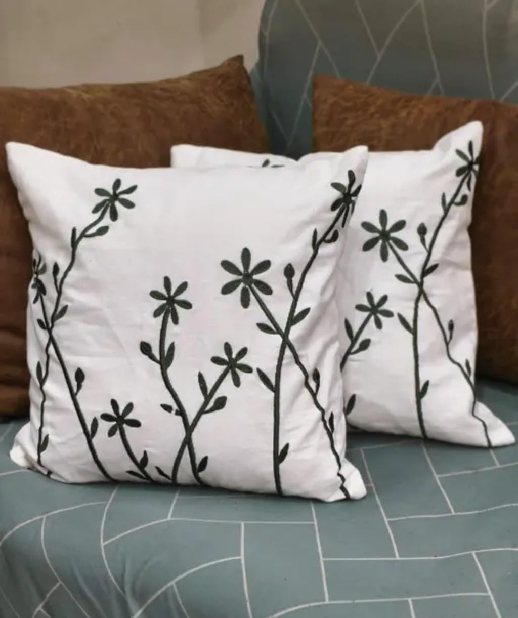 Floral Embroidered Throw Pillow Covers, White with Dark Green Botanical Design, Set of 2
