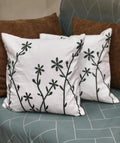 Floral Embroidered Throw Pillow Covers, White with Dark Green Botanical Design, Set of 2