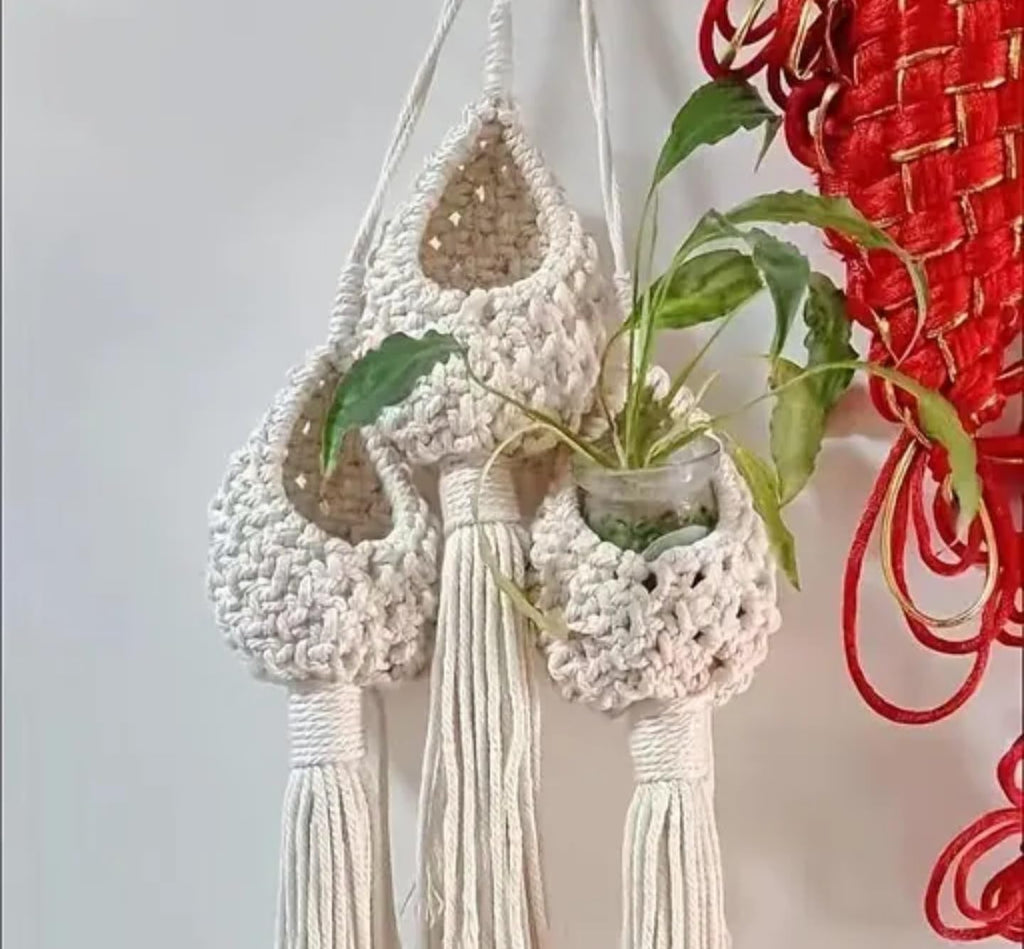 Macrame Plant Hangers with Driftwood Wall Mount, 3-Piece Set, Decorative Hanging Planters with Tassels, Cream