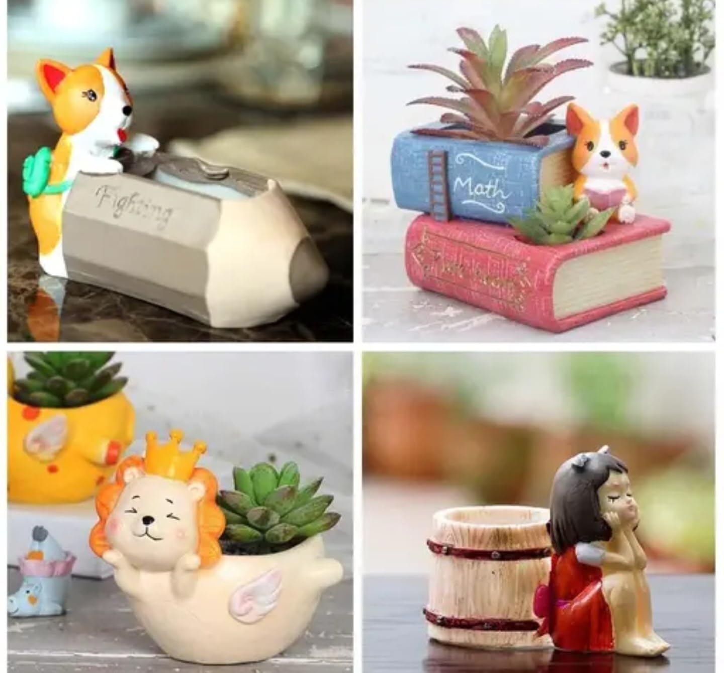 Decorative Succulent Planter Set, Cute Animal Design Book and Cat Shaped Ceramic Pots for Indoor Plants, White and Pink, Set of 4