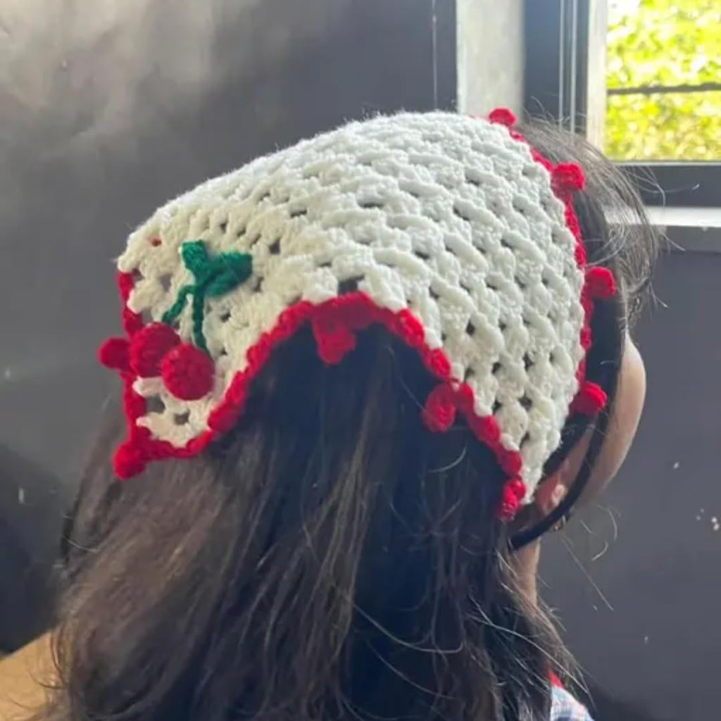 Crochet Bandana Headband, White with Red Cherry Detail, Boho Hair Accessory for Women