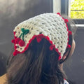 Crochet Bandana Headband, White with Red Cherry Detail, Boho Hair Accessory for Women