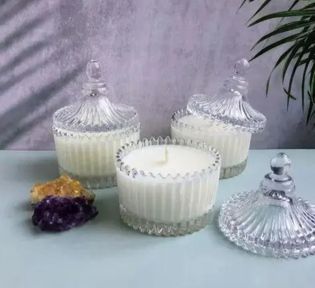 Decorative Glass Candle Set with Pink Scented Candle, Crystal Design with Beaded Edge