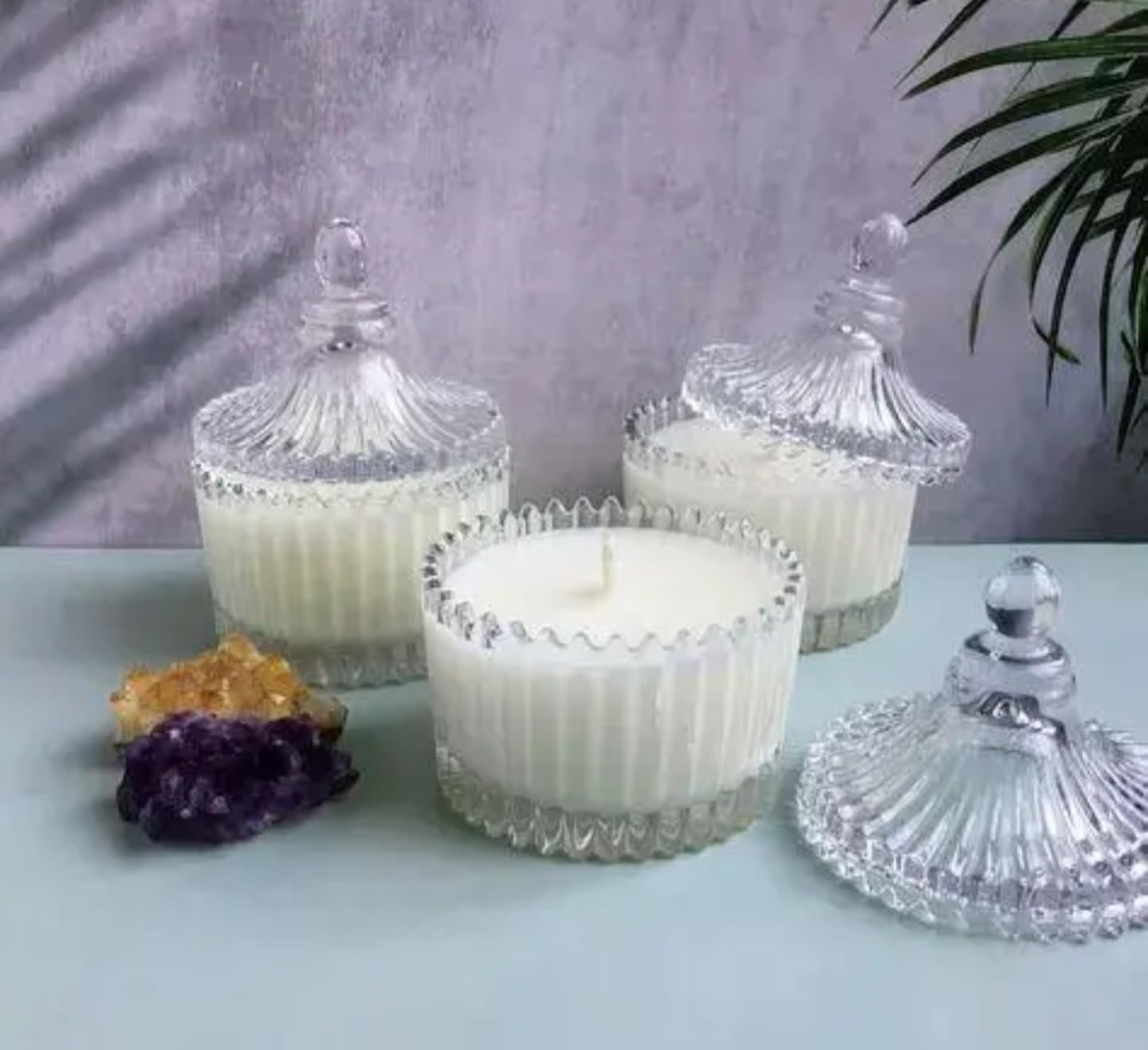 Decorative Glass Candle Set with Pink Scented Candle, Crystal Design with Beaded Edge