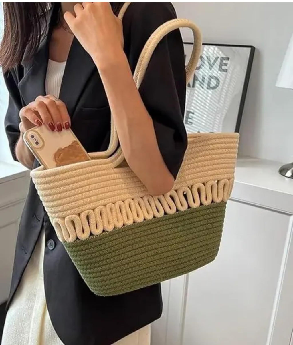 Woven Cotton Market Tote Bag, Two-Tone Cream and Olive Green, Handcrafted Design