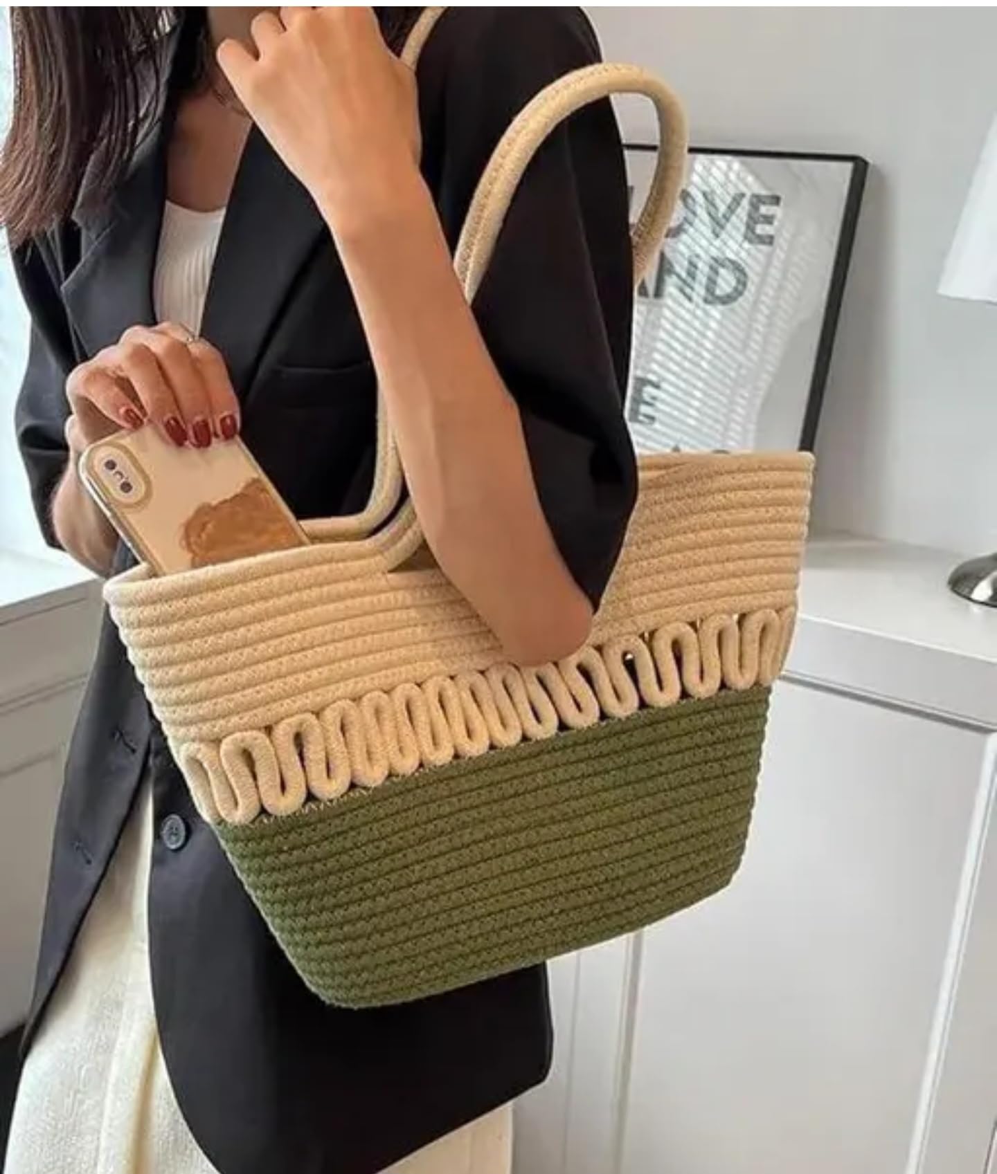Woven Cotton Market Tote Bag, Two-Tone Cream and Olive Green, Handcrafted Design