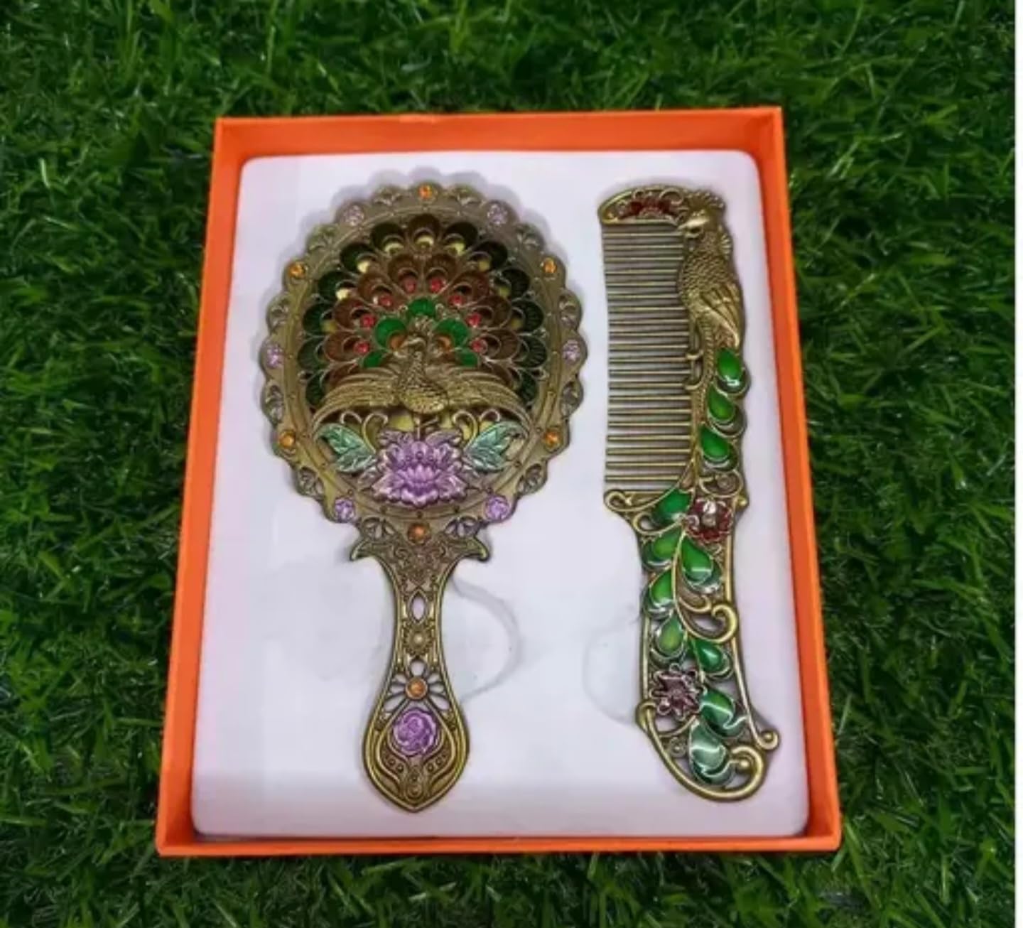 Vintage Art Nouveau Hand Mirror and Comb Set, Antique Bronze, Peacock Design with Green Enamel, Purple Crystal Accents, Decorative Vanity