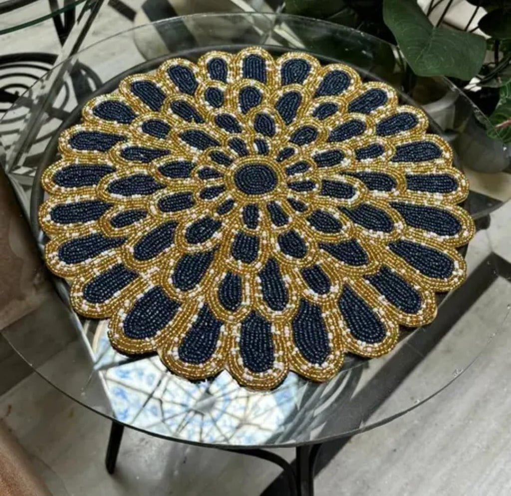 Handcrafted Beaded Placemat, Round Floral Design, Navy Blue and Gold, Table Decor