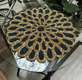 Handcrafted Beaded Placemat, Round Floral Design, Navy Blue and Gold, Table Decor