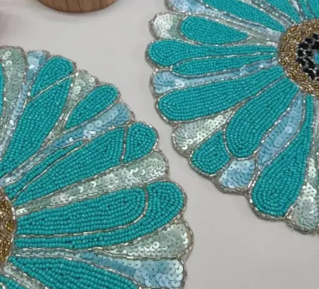Beaded Sequin Round Placemat, Teal and Silver Floral Design, Decorative Table Mat