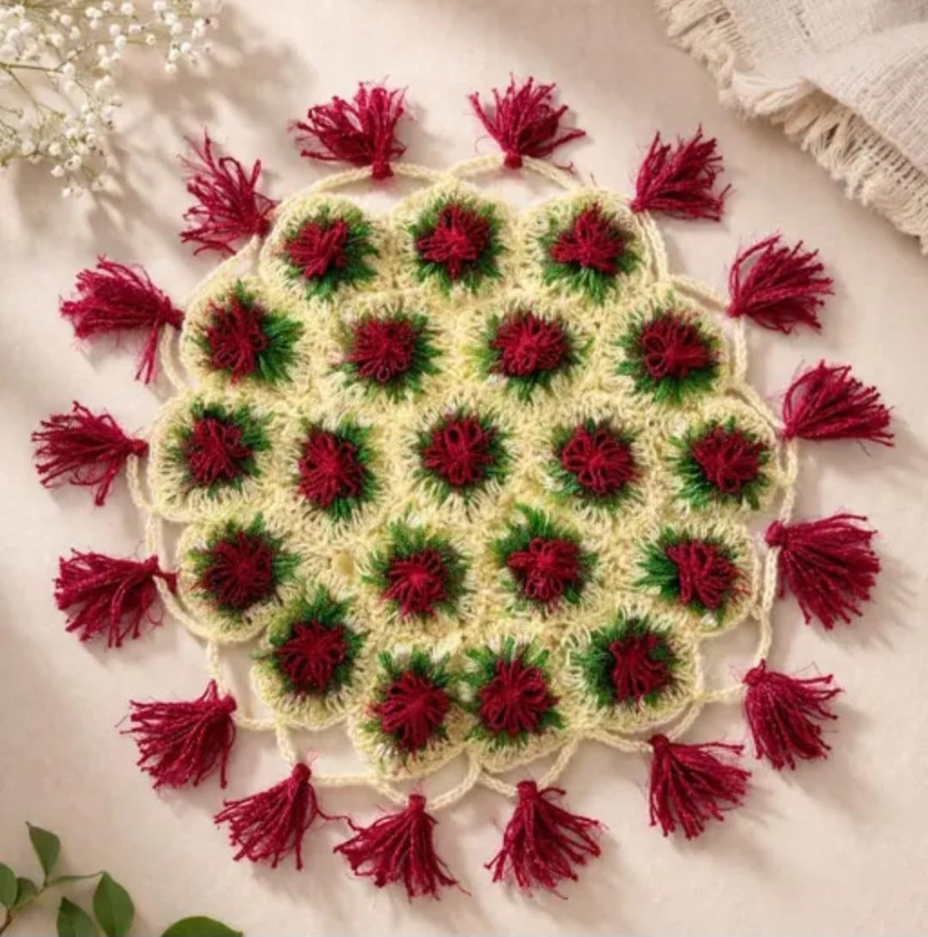 Handmade Crochet Pooja Thalposh, Floral Pattern with Tassels, Cream, Green, Maroon, 29-30 cm
