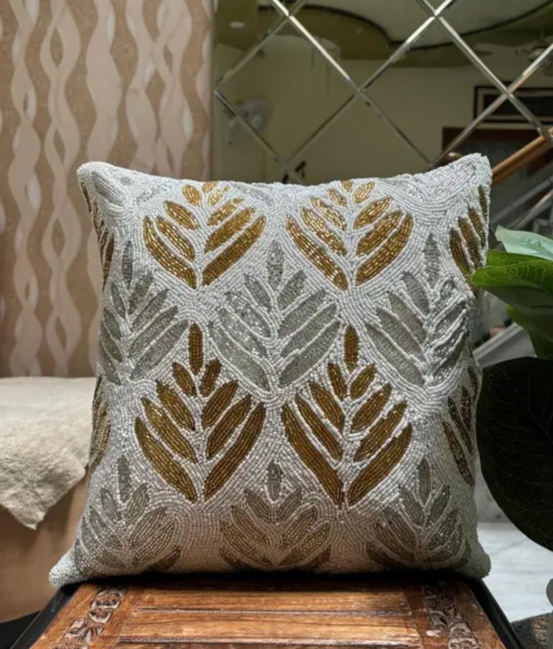 Beaded Cushion Cover, Leaf Pattern, Silver and Gold, Decorative Throw Pillow Cover for Sofa