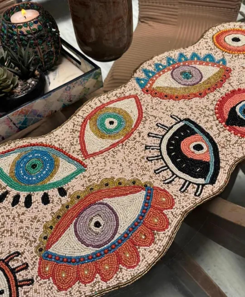 Beaded Evil Eye Table Runner, Multicolor, Handcrafted, Bohemian Style, Decorative Home Accent