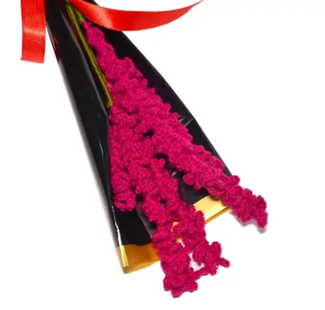 Handcrafted Crochet Flower Bouquet, Magenta, Black and Gold Wrap with Red Satin Ribbon, Gift Ready