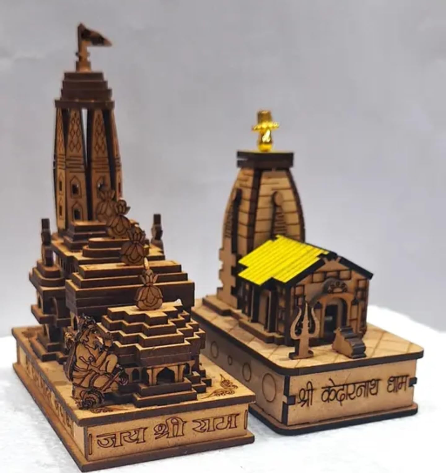 Wooden Temple Model Set, Hindu Mandir Design with Kedarnath and Ram Temple, Religious Decor, Brown and Gold, Laser Cut MDF, Traditional Style. Ram Mandir and Kedarnath dham