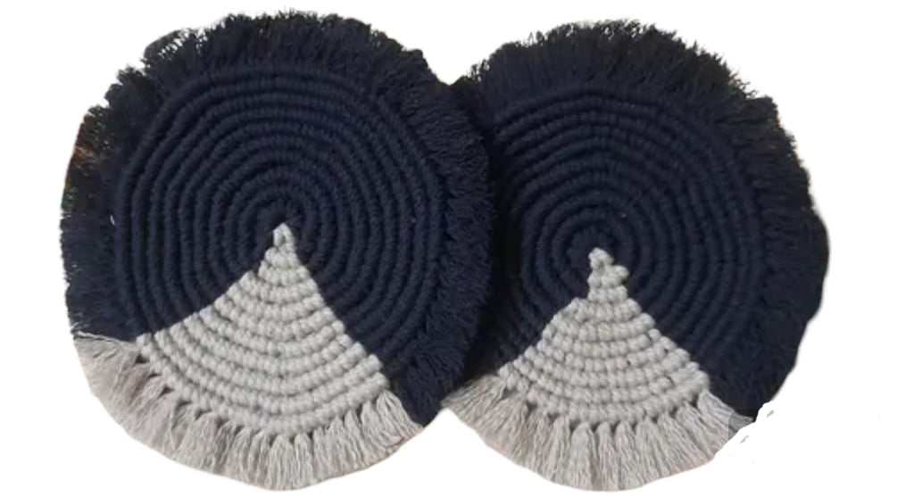 Handmade Round Macrame Coasters, Navy Blue and Grey, Set of 2, Boho Home Decor