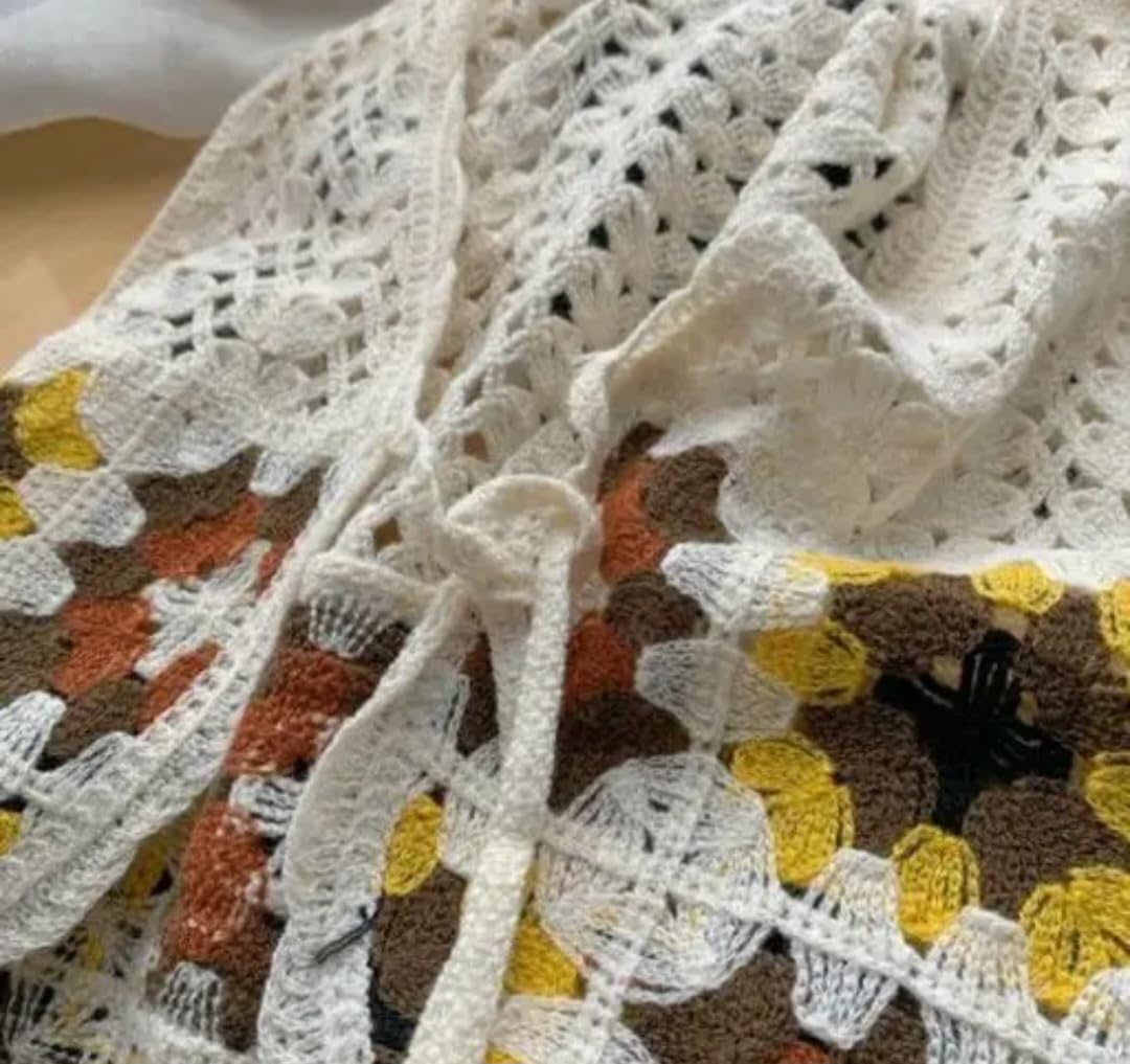 Women's Crochet Handmade Vest, Cream, Granny Square Floral Pattern, Tie-Front, Boho Style
