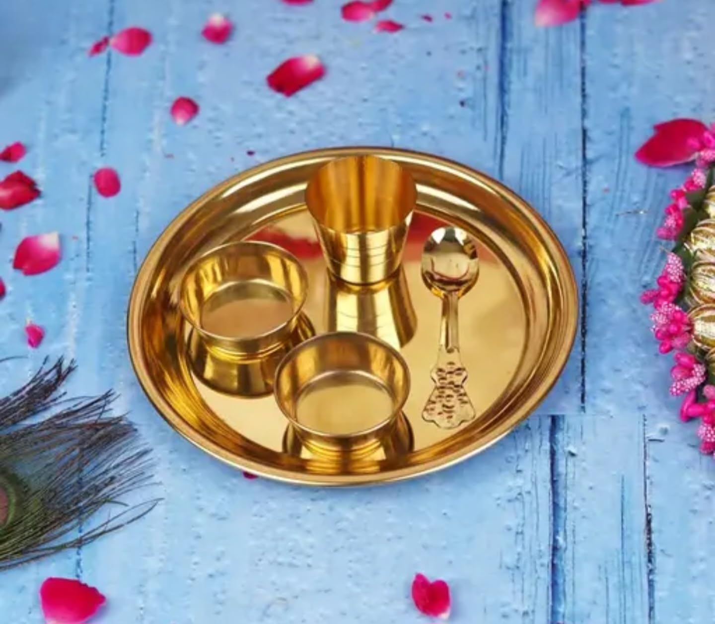 Traditional Brass Pooja Thali Set, Gold Plated, Round Decorative Plate with Bowls, Spoon, Religious Ceremonial Set