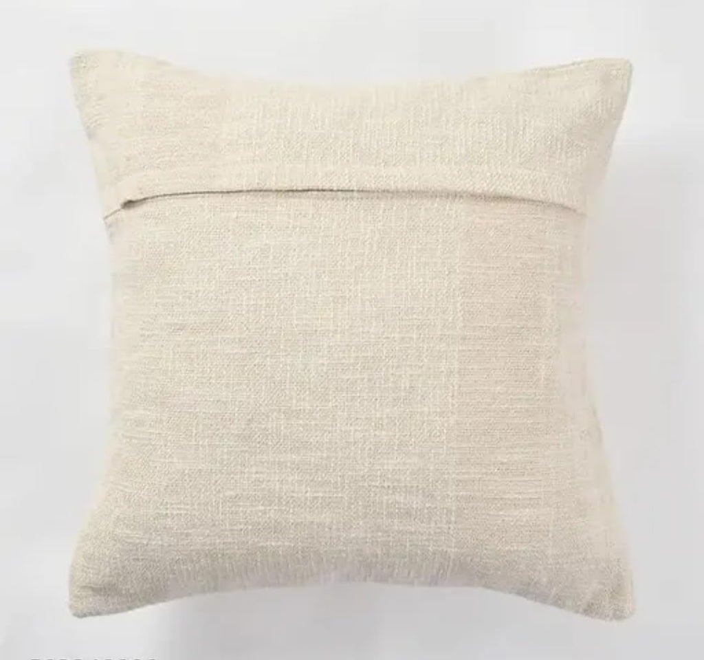 Handmade Boho Throw Pillow Cover, White with Brown Tufted Abstract Design, Tassel Corners, Decorative Cushion Cover
