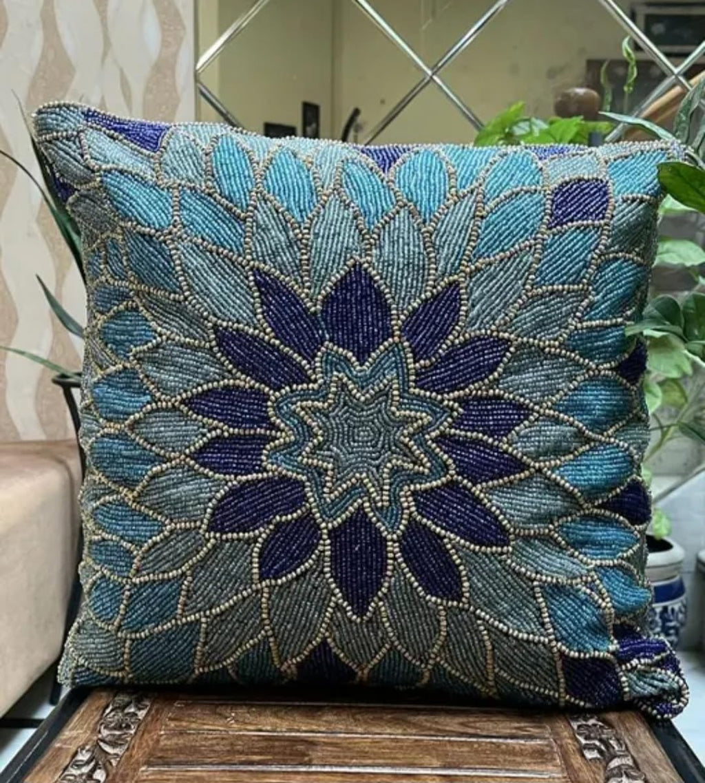 Beaded Handcrafted Throw Pillow Cover, Blue Floral Mandala Design, Decorative Cushion Cover for Sofa