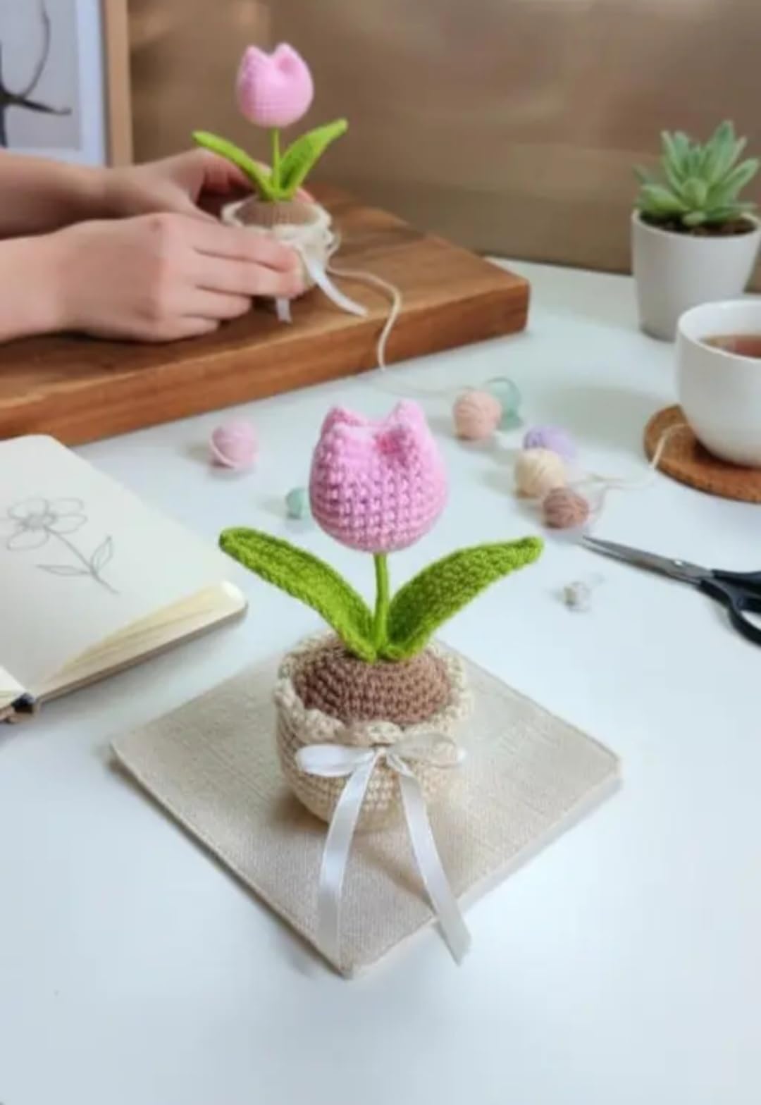Handmade Crochet Tulip Potted Plant, Pink Flower with Green Leaves, Miniature Knitted Decor, Ribbon Bow Accent