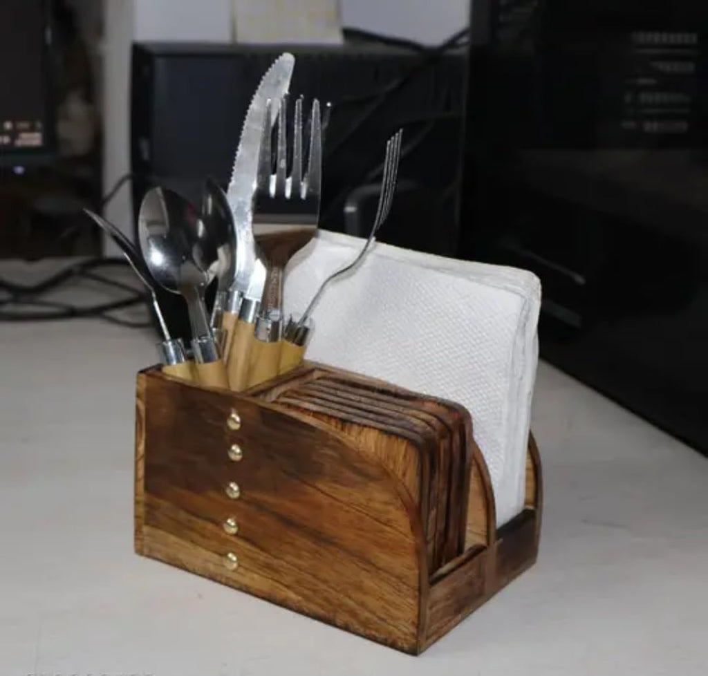 Wooden Cutlery Holder with Napkin Dispenser, Kitchen Utensil Organizer, Brown Wood, Desk Caddy