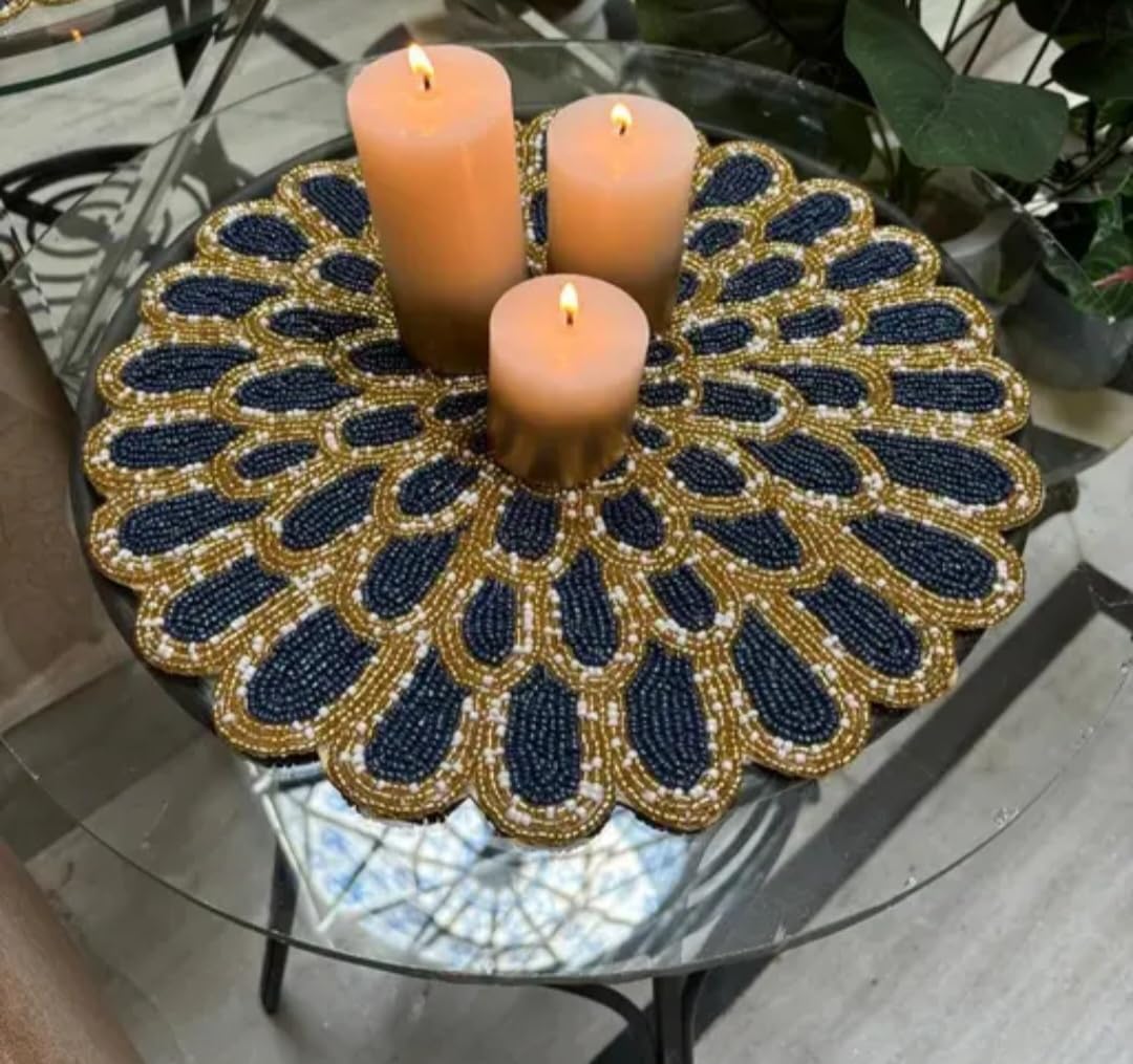 Handcrafted Beaded Placemat, Round Floral Design, Navy Blue and Gold, Table Decor