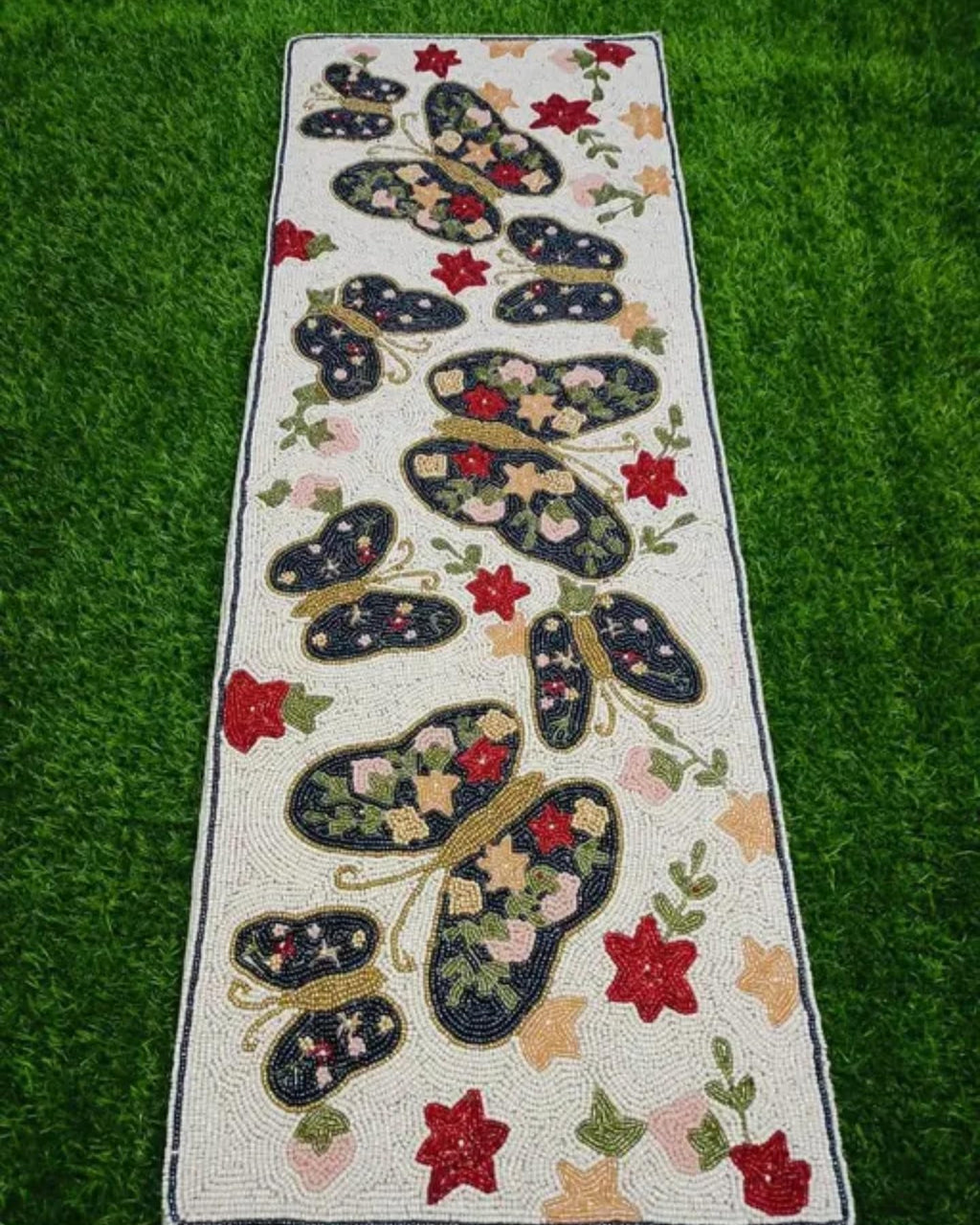 Floral Butterfly Runner Rug, Hooked Design, Cream with Navy Blue Butterflies, Red and Pink Flowers