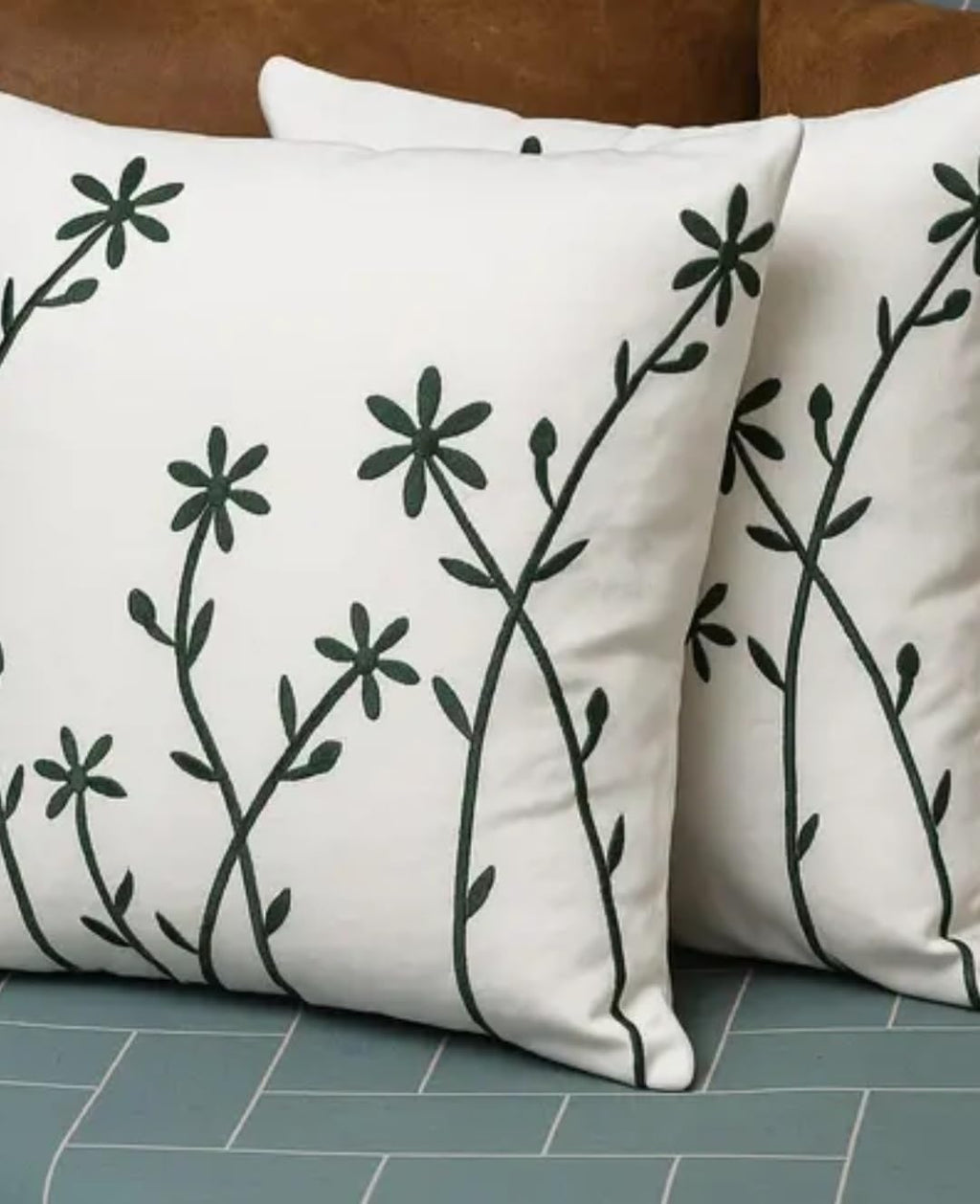 Floral Embroidered Throw Pillow Covers, White with Dark Green Botanical Design, Set of 2