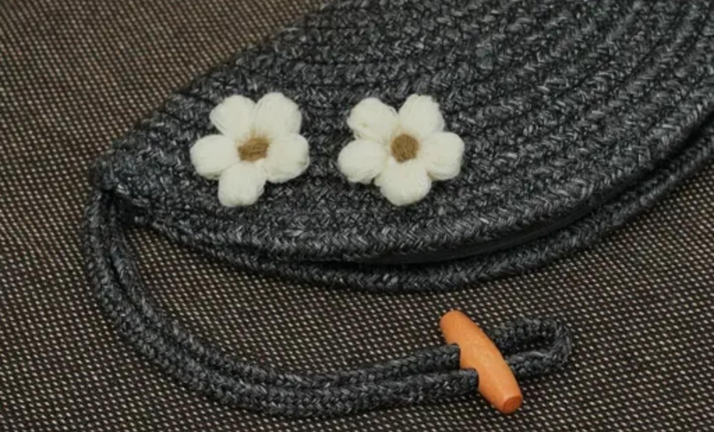 Handmade Crochet Semicircle Clutch Purse with White Flower Accents, Black