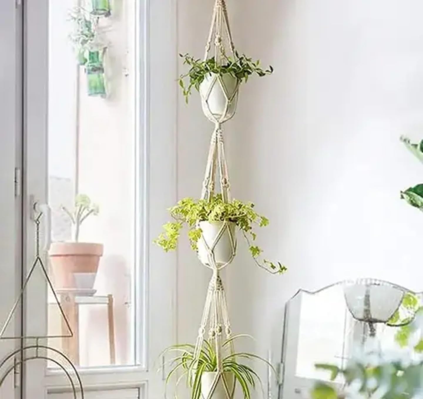Macrame Plant Hangers Set with White Cotton Rope, Indoor Window Hanging Planters, Decorative Flower Pot Holders