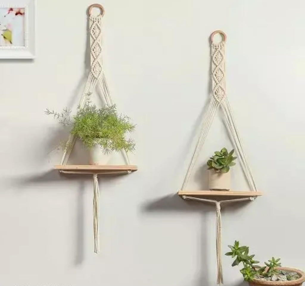 Macrame Wall Hanging Wooden Shelf Set, 3 Tiers, Handwoven Cotton Rope, Natural Wood, Boho Home Decor
