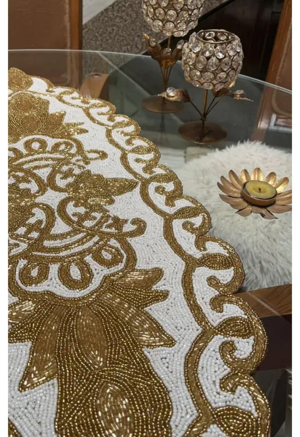 Beaded Table Runner, White and Gold, Floral Scroll Design, Handcrafted, Luxury Dining Decor