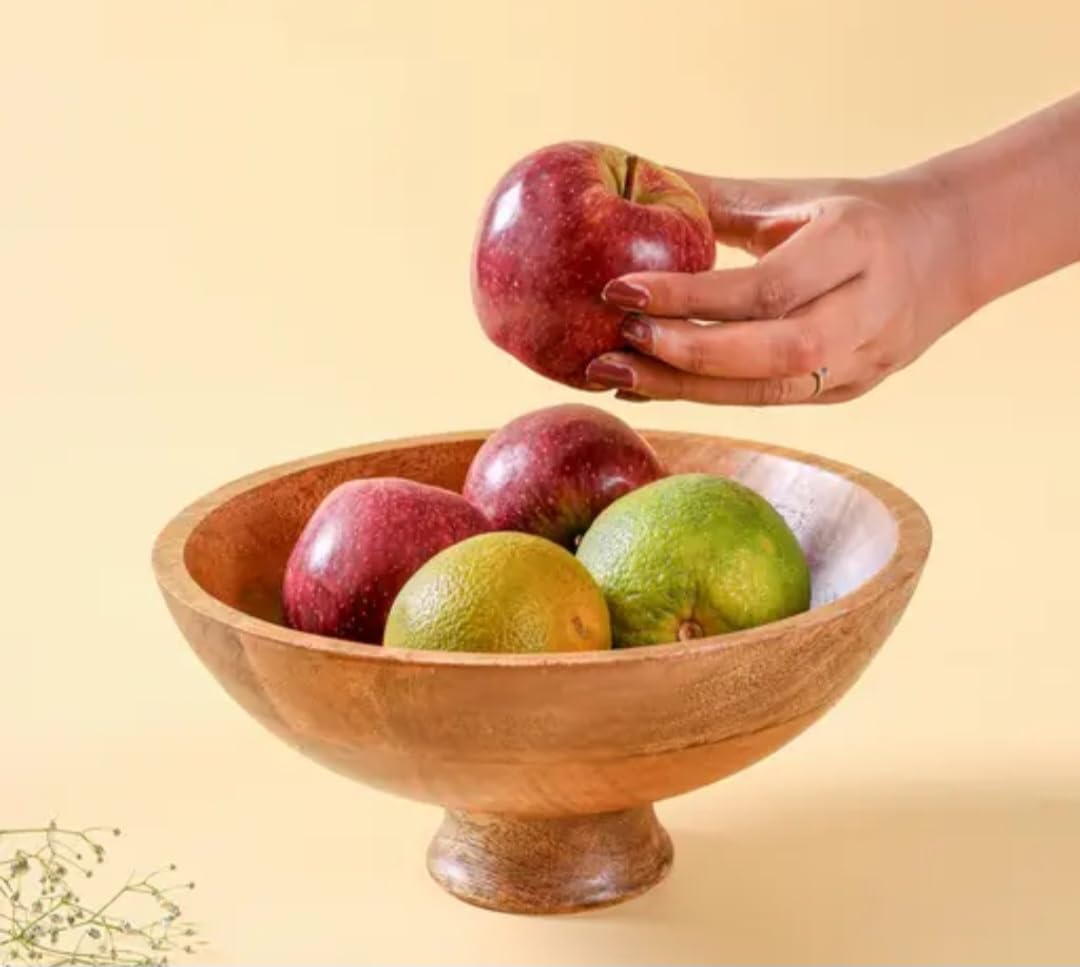 Wooden Fruit Bowl with Pedestal Base, Natural Wood Finish, Decorative Serving Display
