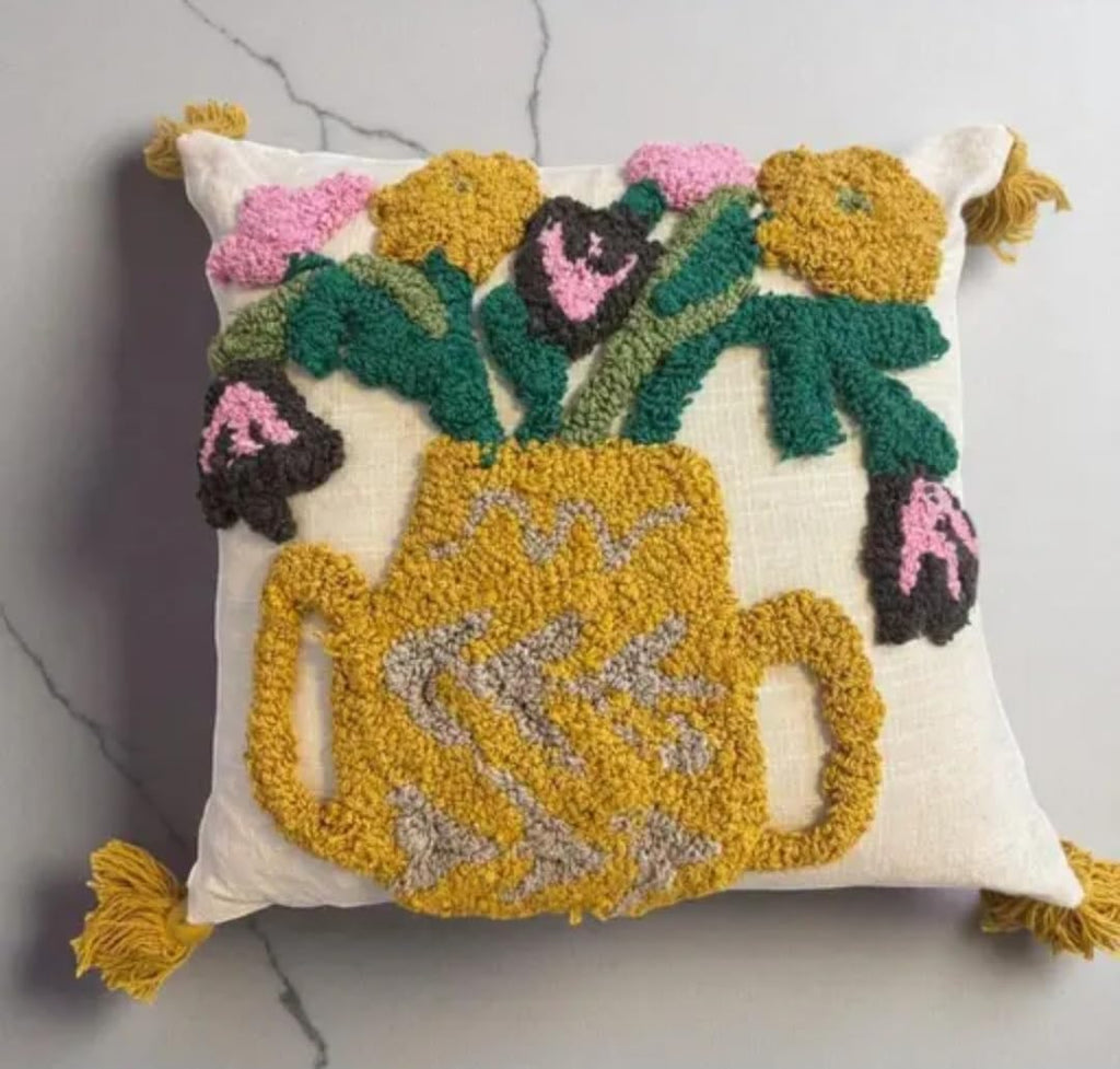 Decorative Throw Pillow Cover with Tassels, Floral Vase Punch Needle Embroidered, Boho Style, Cream