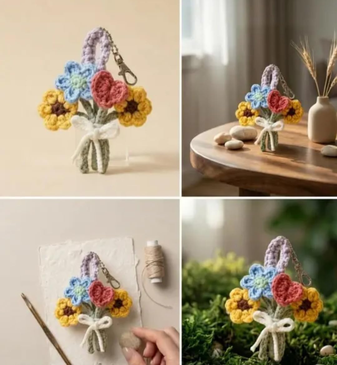 Crochet Flower Bouquet Keychain, Handmade Knit Floral Bag Charm, Multicolor with Sunflowers and Heart