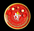 Handcrafted Traditional Ganesha Pooja Thali, Red and Gold, Decorative Steel Plate with Mandala Design, Round Spiritual Worship Platter