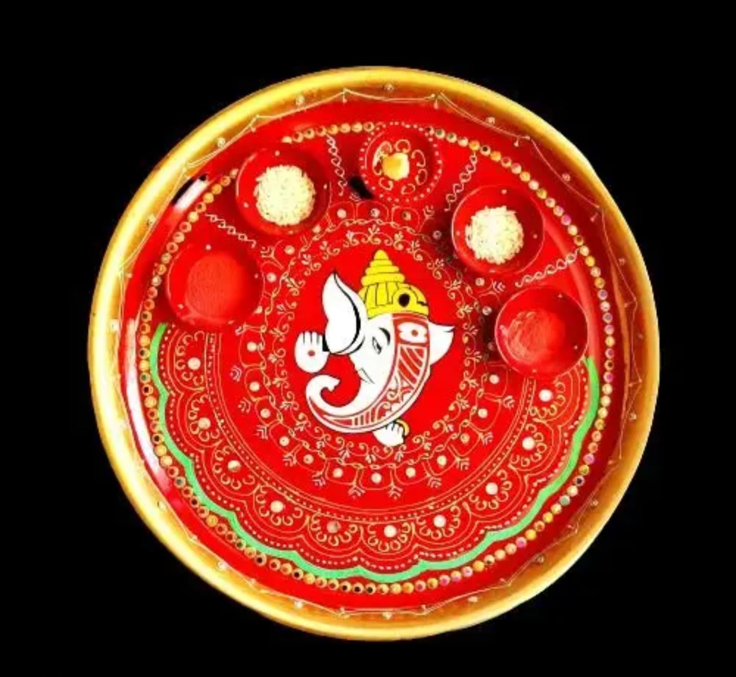 Handcrafted Traditional Ganesha Pooja Thali, Red and Gold, Decorative Steel Plate with Mandala Design, Round Spiritual Worship Platter