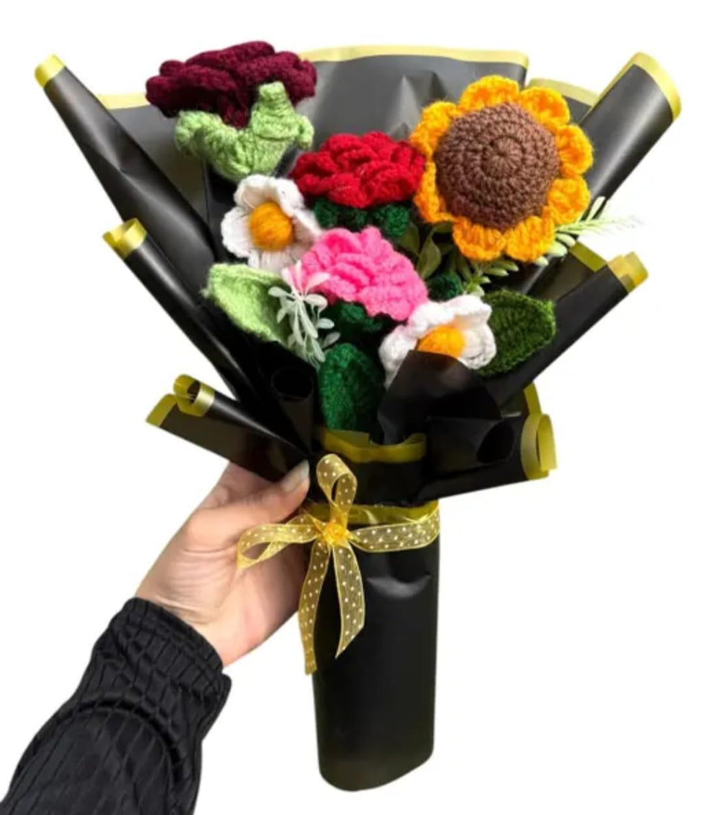 Handmade Crochet Flower Bouquet, Mixed Flowers with Sunflower and Roses