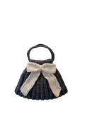 Handmade Crochet Handbag, Navy Blue with Cream Bow, Knit Purse, Boho Chic Style