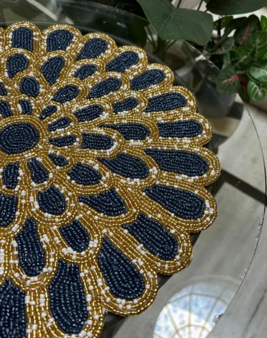 Handcrafted Beaded Placemat, Round Floral Design, Navy Blue and Gold, Table Decor