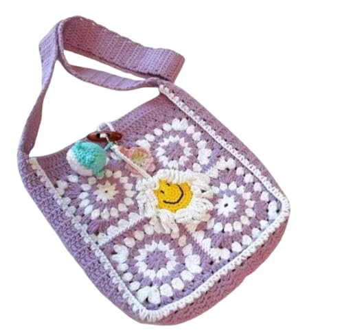 Crochet Granny Square Crossbody Bag, Purple and White, Daisy Smiley Face Applique, Boho Style
