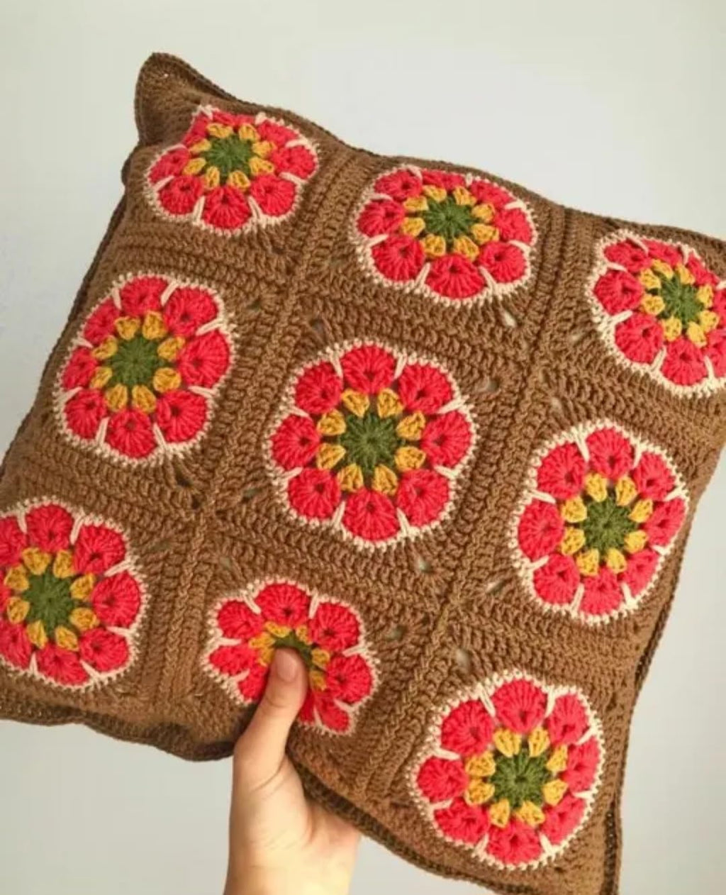 Handmade Crochet Throw Pillow Cover, Granny Square Floral Pattern, Brown and Coral