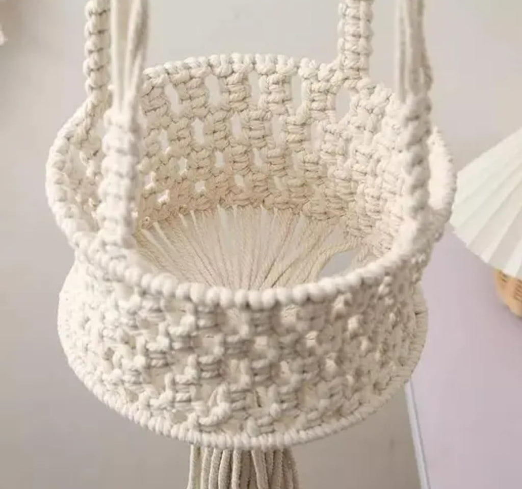 Macrame Plant Hanger with Decorative Basket, White Cotton Rope, Floral Design
