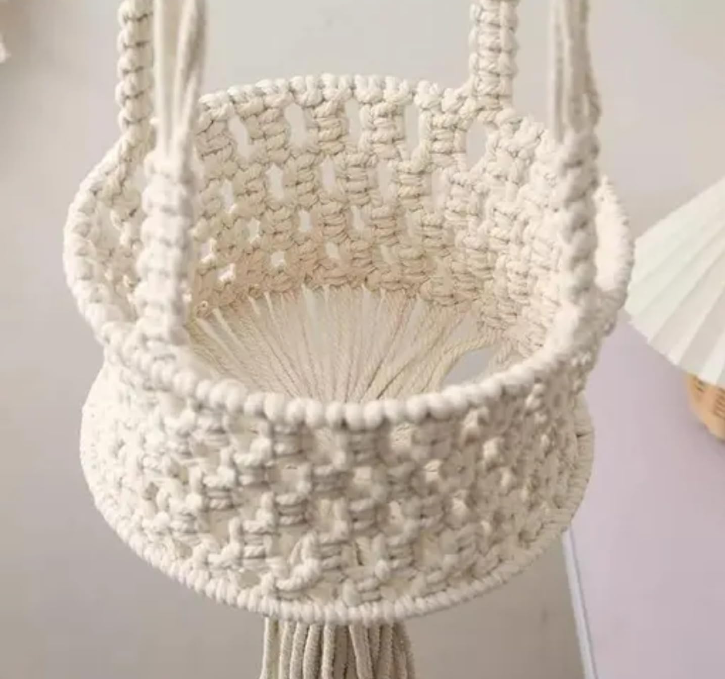 Macrame Plant Hanger with Decorative Basket, White Cotton Rope, Floral Design